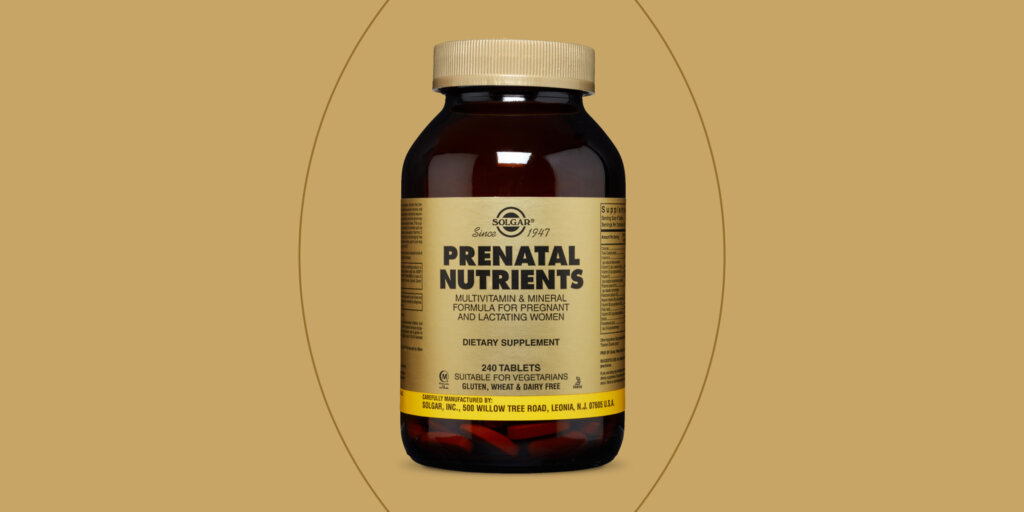 A bottle of Solgar Prenatal Nutrients on a solid gold background. A dark gold line outlines the shape of the bottle. 