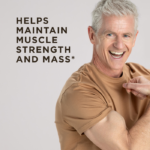 A fit older man with gray hair smiling and flexing his bicep. Text on image reads, "Helps maintain muscle strength and mass.*"