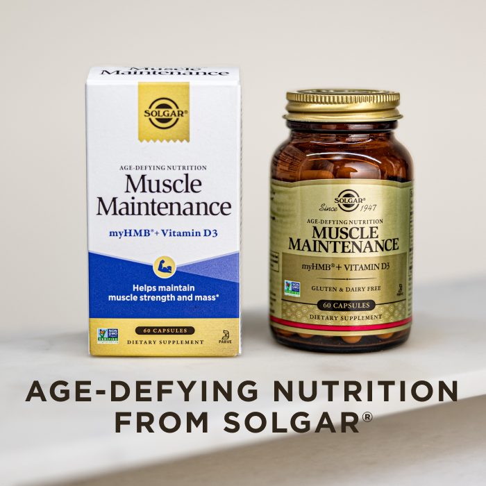 A box and amber glass bottle of Solgar Muscle Maintenance supplement, on a clean white. Text on image reads, "Age-defying nutrition from Solgar".