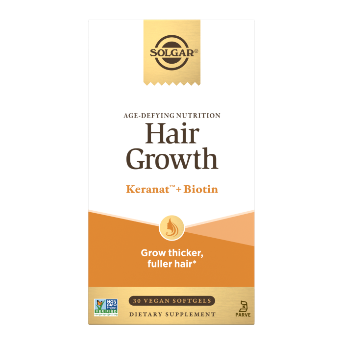 A box of Solgar Hair Growth Supplement on a plain background.