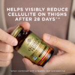An image of a woman's hands holding an amber glass bottle of Solgar Cellulite Fighter supplement. Text on the image reads, "Helps visibly reduce cellulite on thighs after 28 days when combined with a healthy diet and exercise.^*"