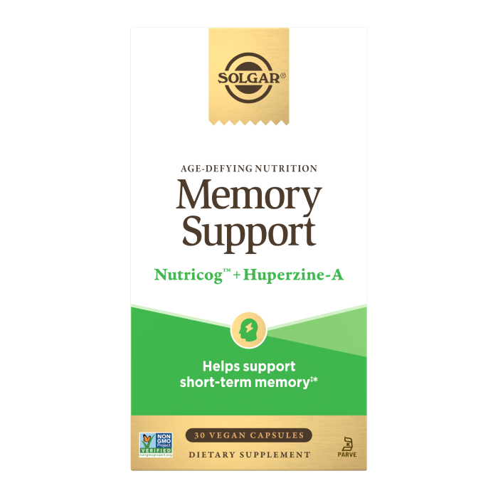 A box of Solgar Memory Support Supplement on a plain background.
