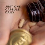 One beige capsule of Solgar Memory Support, being poured from an amber glass bottle into a hand. Text on the image reads, "Just one capsule daily"