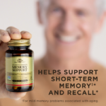 An older man with gray hair smiling and holding a bottle of Solgar Memory Support in his fingertips. Text on image reads, "Helps support short-term memory‡* and recall* ‡For mild memory problems associated with aging."